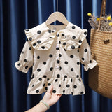 Mqtime Retro Korean Style Baby Girls Blouse Butterfly Ruched Dot Printed Tees Tops Cotton Autumn Blouse Kids Princess Clothes