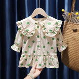 Mqtime Retro Korean Style Baby Girls Blouse Butterfly Ruched Dot Printed Tees Tops Cotton Autumn Blouse Kids Princess Clothes