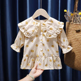 Mqtime Retro Korean Style Baby Girls Blouse Butterfly Ruched Dot Printed Tees Tops Cotton Autumn Blouse Kids Princess Clothes