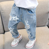 Mqtime Baby Girls Jeans Star Print Jeans Pants For Girls Elastic Waist Kids Jeans With Hole Autumn Novelty Clothes For Infant Girls