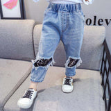 Mqtime Baby Girls Jeans Star Print Jeans Pants For Girls Elastic Waist Kids Jeans With Hole Autumn Novelty Clothes For Infant Girls