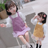 2021 2 Pcs Baby Girls Outfit Sweet Style Solid Color Long Sleeve Round Collar Tops + Front Pocket Suspender Skirt