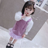 2021 2 Pcs Baby Girls Outfit Sweet Style Solid Color Long Sleeve Round Collar Tops + Front Pocket Suspender Skirt