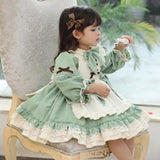 Mqtime 1 2 3 4 5 6 Years Girls Dress For Christmas Kids Girls Long Sleeve Princess Vintage Green Lolita Apron Dress Winter Fall