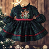 0-12Y Baby Girl Autumn Winter Green Plaid Deer Embroidery Vintage Spanish Princess Ball Gown Dress for Christmas Eid Causal