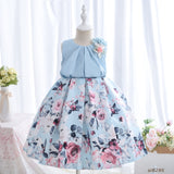 Mqtime Comfortable Casual Children Girls Dresses Floral Print Appliques Pleat Top Breathable Cotton Lining Kids Clothing