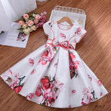 Mqtime Comfortable Casual Children Girls Dresses Floral Print Appliques Pleat Top Breathable Cotton Lining Kids Clothing