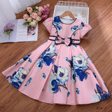 Mqtime Comfortable Casual Children Girls Dresses Floral Print Appliques Pleat Top Breathable Cotton Lining Kids Clothing