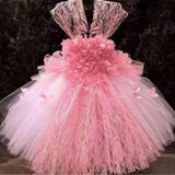 Mqtime Girls Pink Petals Lace Tutu Dress Kids Flower Dress Ball Gown with Ribbon Bow Children Christmas Wedding Party Costume Dresses