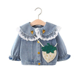 Mqtime Spring Baby Girls Long Sleeve Denim Jeans Lace Lapel Collar Strawberry Jackets Coats Children Kids Cardigans Outerwear