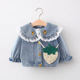 Mqtime Spring Baby Girls Long Sleeve Denim Jeans Lace Lapel Collar Strawberry Jackets Coats Children Kids Cardigans Outerwear