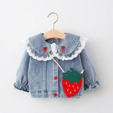 Mqtime Spring Baby Girls Long Sleeve Denim Jeans Lace Lapel Collar Strawberry Jackets Coats Children Kids Cardigans Outerwear